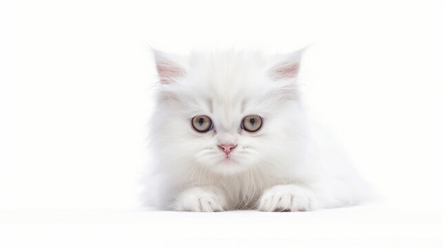 Adorable white cat on a white background in different poses. Cat for advertisement. Kitten with white background. Bottomless cat. AI generated image.