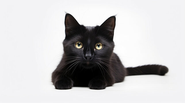Adorable black cat on a white background in different poses. Cat for advertisement. Kitten with white background. Bottomless cat. AI generated image.