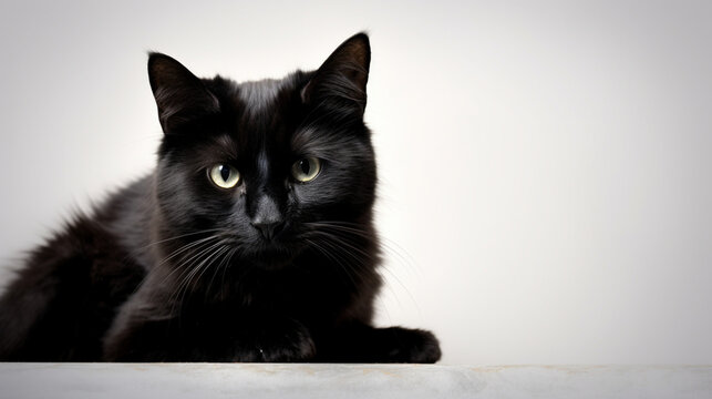 Adorable black cat on a white background in different poses. Cat for advertisement. Kitten with white background. Bottomless cat. AI generated image.