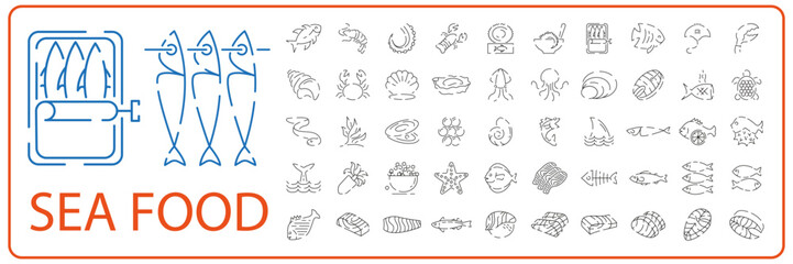 Seafood line icons set. Fish and white meat restaurant vector