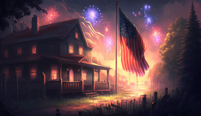 Beautiful old country wooden house at night with american flag festive scenery 4th of july 2023 usa patriotic Generative AI