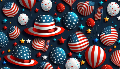 Seamless 4th of July pattern with balloons confetti , fireworks  usa hat  American flag Generative AI