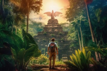 Obraz premium Archaeologist in front of Aztec temple in rainforest, Explorer with hat and backpack at temple entrance in forest, Generative AI