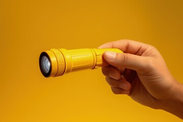 Hand holding flashlight isolated on yellow background, Generative AI