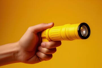 Fototapeta na wymiar Hand holding flashlight isolated on yellow background, Generative AI
