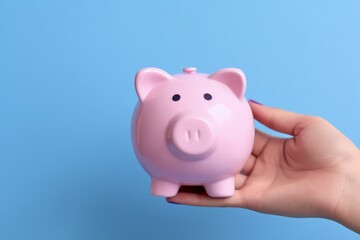 Hand holding piggy bank isolated on blue background, Generative AI