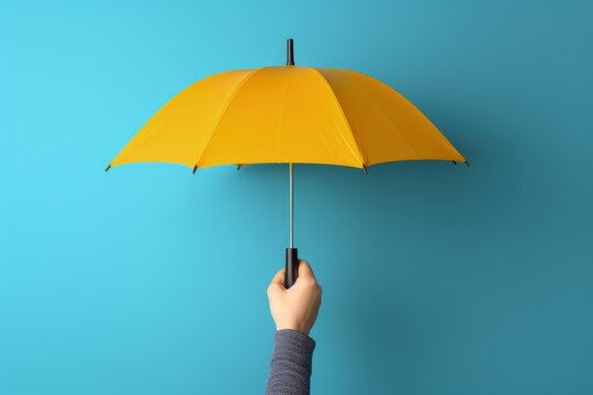 Hand holding yellow umbrella on blue background, Generative AI