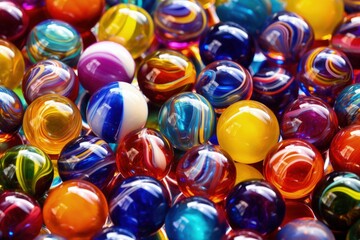 Close-up view of colorful marbles, colored toy marbles, Generative AI
