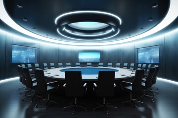 Meeting room with large table and chairs, modern conference room in business building, futuristic meeting room, Generative AI