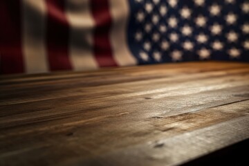 Close-up view of wooden table with US flag in the background, Generative AI