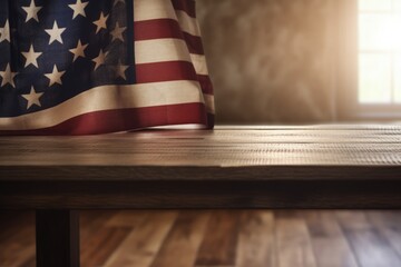 Close-up view of wooden table with US flag in the background, Generative AI