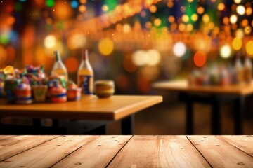 Fototapeta na wymiar Wooden table and Festa Junina in the background, blurred festa junina background, Generative AI