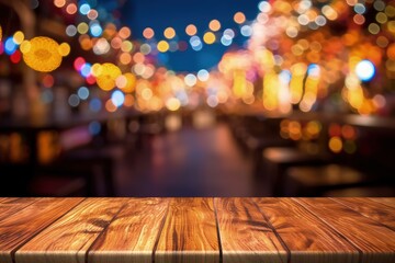 Wooden table and Festa Junina in the background, blurred festa junina background, Generative AI