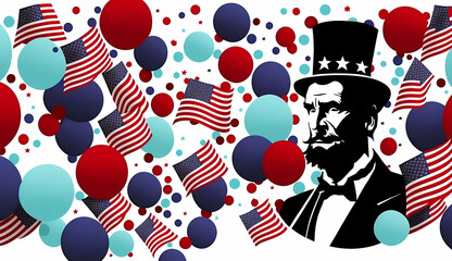Seamless USA festive pattern of American flags Abraham Lincoln red blue confetti Generative AI