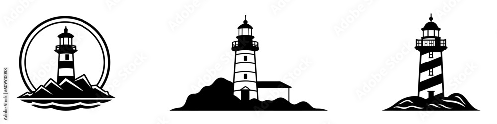 Poster lighthouse icons set. outline set of lighthouse vector icons for web design isolated on white backgr