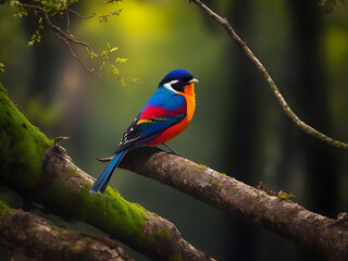 Colorful cute small bird with dark moody forest background Generative AI.