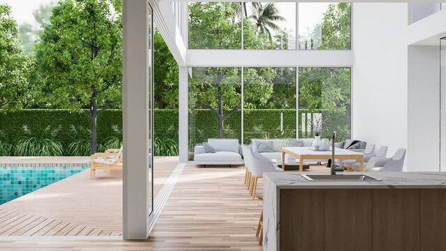 Animation of modern style white house interior with wooden swimming pool terrace 3d render,There are large open sliding door overlooking nature view.