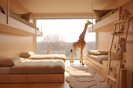 Kid bedroom in modern design home with bunk beds and Giraffe animal toys