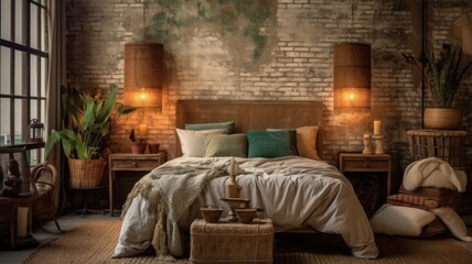 Bedroom decor, home interior design . Industrial Bohemian style with Wall decor decorated with Brick and Wicker material . Generative AI AIG26.