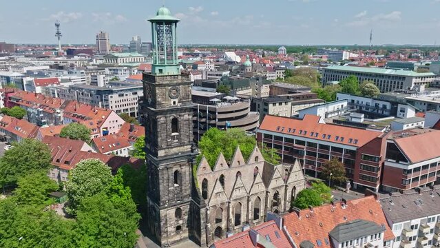 Drone shot of Ruine der Aegidienkirche . Aegidien Church, after Saint Giles to whom the church was dedicated, is a war memorial in Hanover, the capital of Lower Saxony, Germany.
