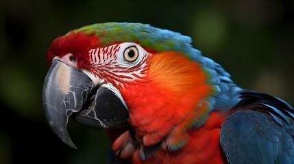 Obraz premium Close up portrait shot Red Scarlet Macaw parrot bird nature blur bokeh background. Generative AI technology.