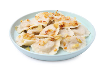 Cooked dumplings (varenyky) with tasty filling and fried onions on white background