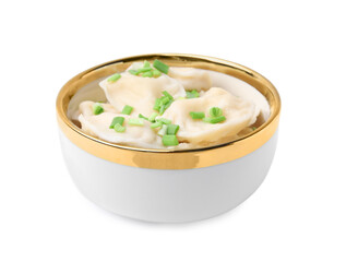Cooked dumplings (varenyky) with tasty filling and green onion on white background