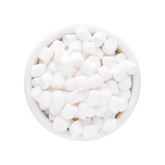 Fototapeta na wymiar Bowl of delicious puffy marshmallows isolated on white, top view