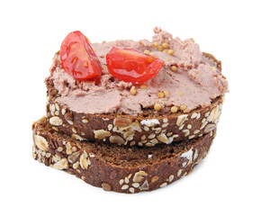Delicious liverwurst sandwich with tomatoes and mustard isolated on white