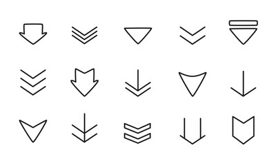 スワイプダウンを表す矢印のイラストセット/スワイプボタン/下方向/ベクター/アイコン/要素/モノクロ