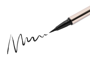 Eyeliner marker and stroke on white background, top view. Makeup product