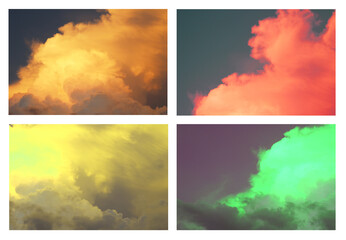 Collection of colorful clouds on white background.