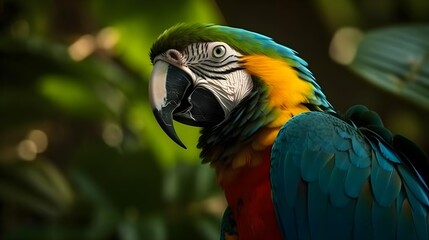 Fototapeta premium Close up shot of beautiful blue yellow Macaw parrot bird head. Generative AI technology.