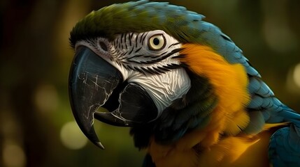 Obraz premium Close up portrait shot of beautiful blue yellow Macaw parrot bird head. Generative AI technology.