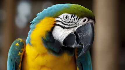 Fototapeta premium Close up portrait shot of beautiful blue yellow Macaw parrot bird head. Generative AI technology.