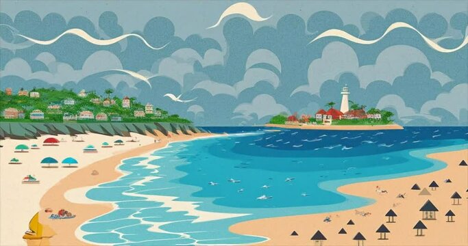 cartoon background of beach and boats and clouds
