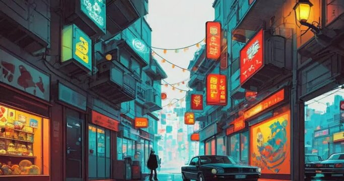 urban street anime animated background
