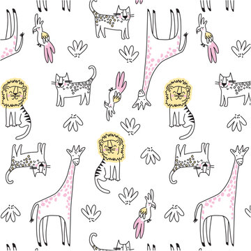 Lions,giraffes,parrots cute animals pattern for kids wear