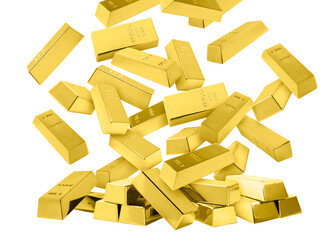 Many gold bars falling on white background