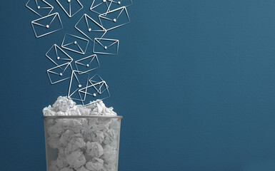 Spam. Drawn envelopes falling into bin with crumpled paper on blue background, space for text