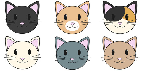 Caras de gatos adorables, sonrientes y coloridos, ilustración digital sin fondo.