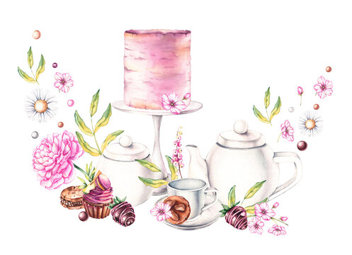 Tea composition with desserts and cake on white