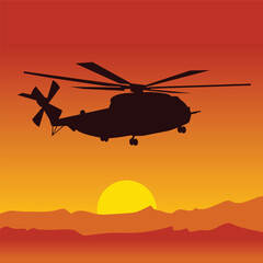 Fototapeta na wymiar military helicopter silhouette sunset background