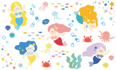 人魚姫と海の中のイラストセット