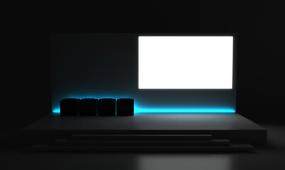 Meeting event scene, party scene design. Empty stage design for mockup and corporate identity, display. Platform elements in hall. 3d rendering. 
