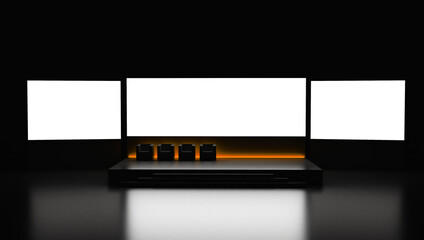 Empty stage design for mockup and corporate identity, display. Platform elements in hall. Blank screen system for graphic Resources. Scene event led night light staging. 3d rendering for online.