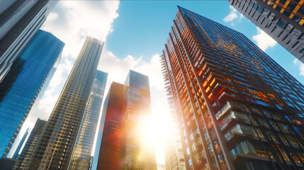 Fototapeta na wymiar Modern skyscrapers in business district, blue sky. Bottom view, Looking up, sunlight