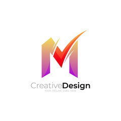 Letter M logo and check design vector, red color