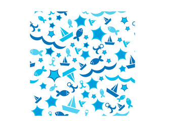 Nautical pattern, seamless pattern with yacht, lighthouse, anchor, ship, fish, starfish, wave, and helm.  design for fabric, packaging, wallpaper, cover. on transparent, png