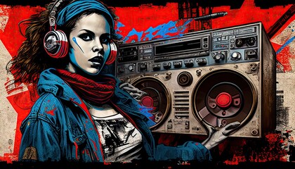 Female DJ looking at you while adjusting an old boombox Red and blue abstract, elegant and modern AI-generated illustration